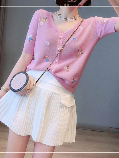 DATY Women's Lightweight V-Neck Short Sleeve Cardigan - Summer Casual Button Front Openwork Design, Soft Pink Sun-Protective Layering Top for Spring\u002FSummer, Short Sleeve Cardigan, Summer Layering Piece, Embroidered Detailing