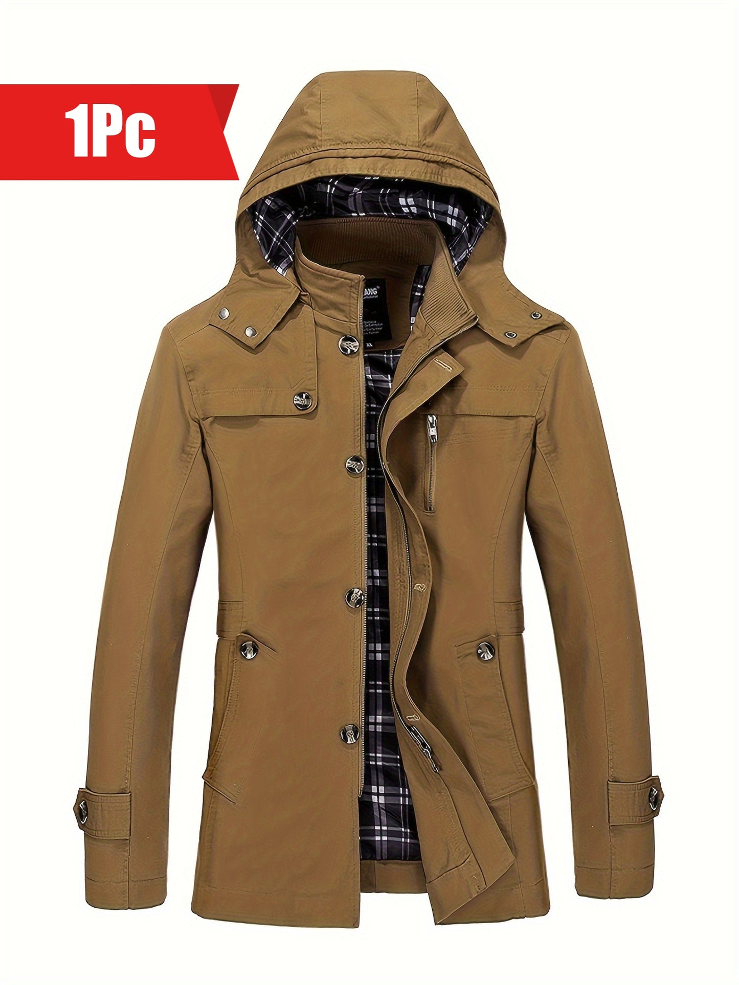 1 veste de trench en coton pour homme, mi-longueur, à capuche, avec poches, couleur unie, coupe régulière, tissu tissé, non extensible pour loisirs en plein air au printemps\u002Fautomne