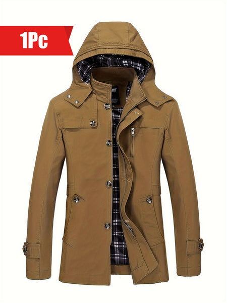 1 veste de trench en coton pour homme, mi-longueur, à capuche, avec poches, couleur unie, coupe régulière, tissu tissé, non extensible pour loisirs en plein air au printemps\u002Fautomne