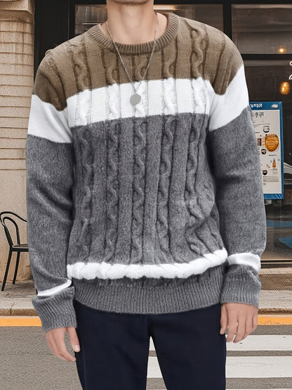 Pull Homme à Mailles Contrastées et Blocs de Couleurs - Col Rond Doux, Manches Longues pour Toutes Saisons, Lavable en Machine, Coupe Classique pour Tenue Décontractée & Soirée