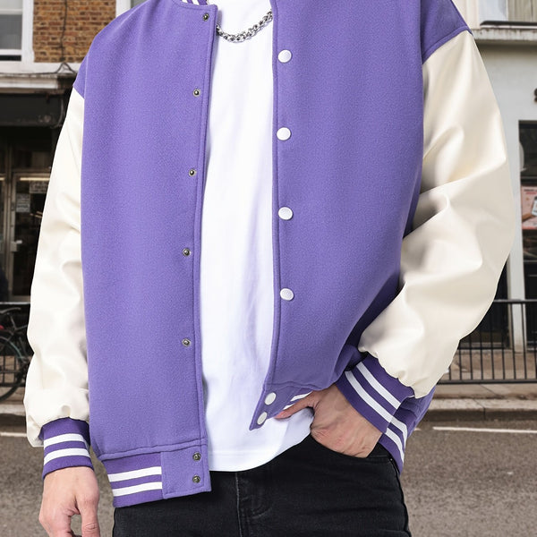 Varsity Baseball Jackets Men's Color Block Bomber Jacket Comfy Stylish Spring and Autumn Coats Casual Breathable Button Up Outerwear with Pockets for Sports
