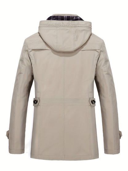 1 veste de trench en coton pour homme, mi-longueur, à capuche, avec poches, couleur unie, coupe régulière, tissu tissé, non extensible pour loisirs en plein air au printemps\u002Fautomne
