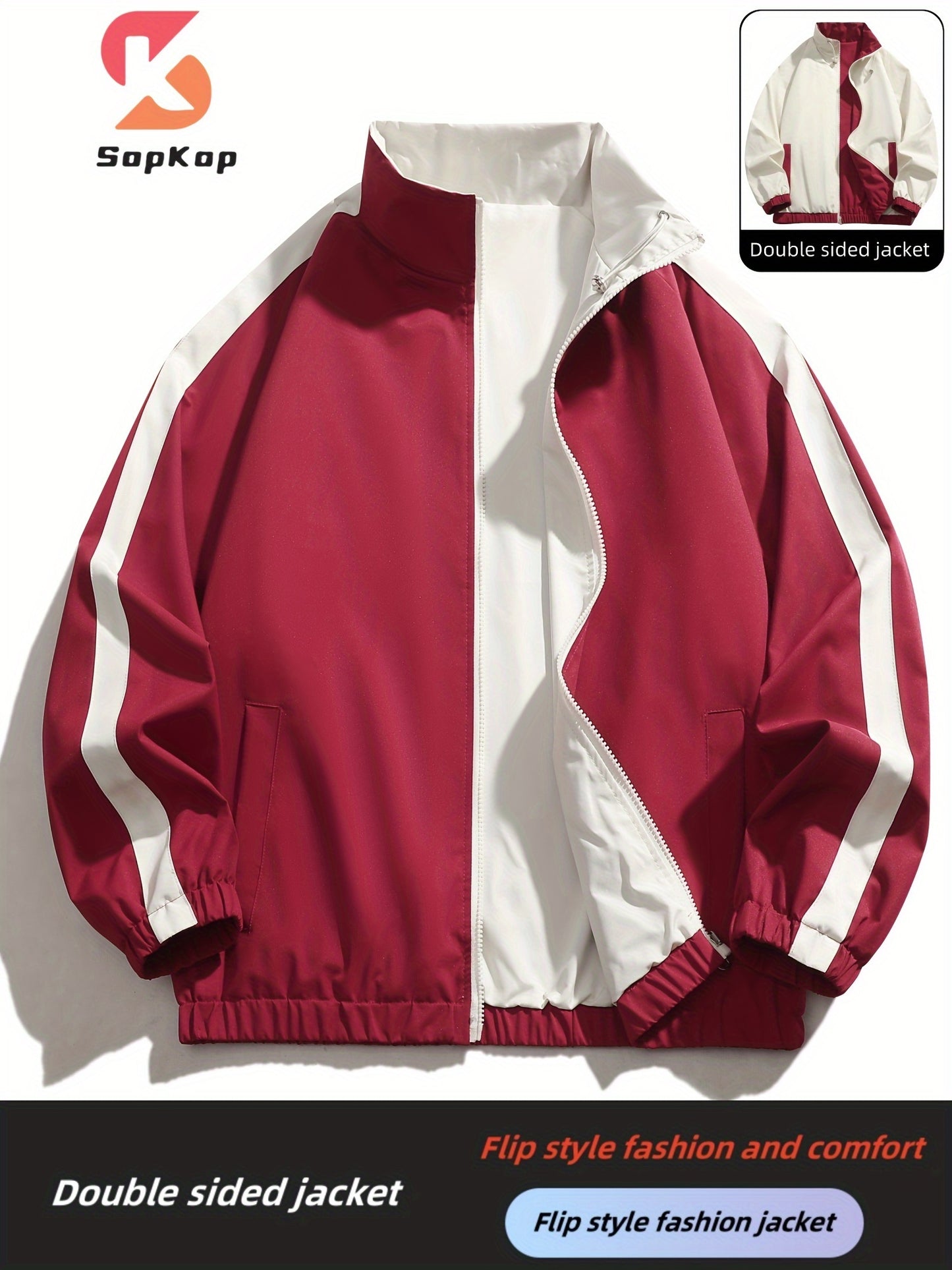 Veste réversible homme décontractée, Veste réversible homme décontractée avec poches, col montant zippée, manches longues pour extérieur