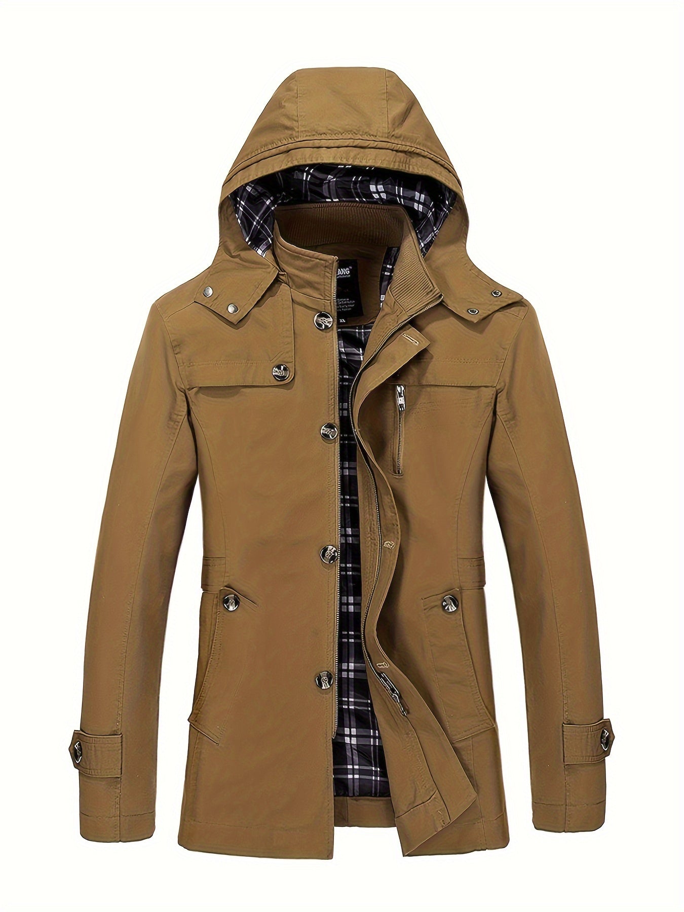 1 veste de trench en coton pour homme, mi-longueur, à capuche, avec poches, couleur unie, coupe régulière, tissu tissé, non extensible pour loisirs en plein air au printemps\u002Fautomne