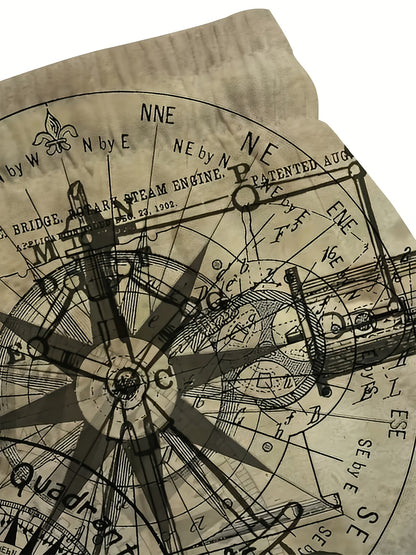 Men's Vintage Nautical Quick-Dry Shorts - Compass & Sailing Charts Design, Ideal for Summer Water Sports, Beach, and Surfing, Lightweight Polyester Fabric with Drawstring Waist