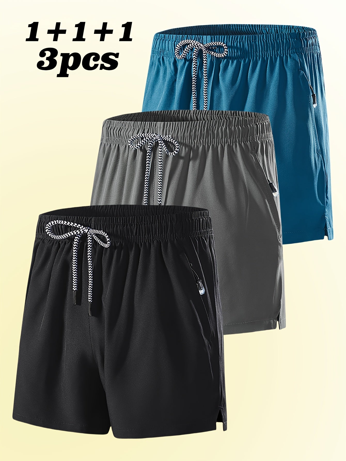 3pcs Men's Casual Athletic Shorts - Breathable, Comfortable, Zippered Pockets, Elastic Waistband, Solid Colors (Blue, Gray, Black) for Fitness, Running & Casual Attire, Running Shorts | Minimalist Shorts | Smooth Texture