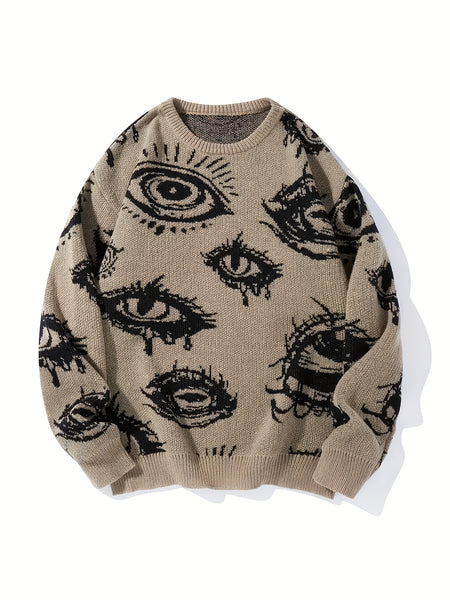 Pull Vintage Œil du Diable à Contraste de Couleurs - Pull Unisexe Col Rond en Tricot Mi-Extensible pour Hommes & Femmes, Vêtements Décontractés Printemps\u002FAutomne, Confortable, Grande Taille
