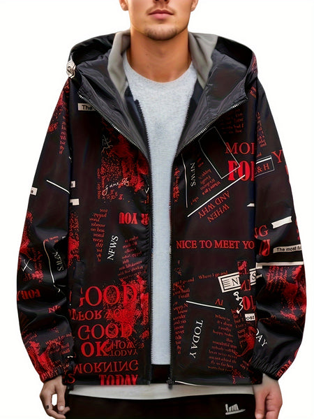 Veste à capuche décontractée pour hommes avec impression de lettres, veste coupe-vent chic pour le sport et l'école
