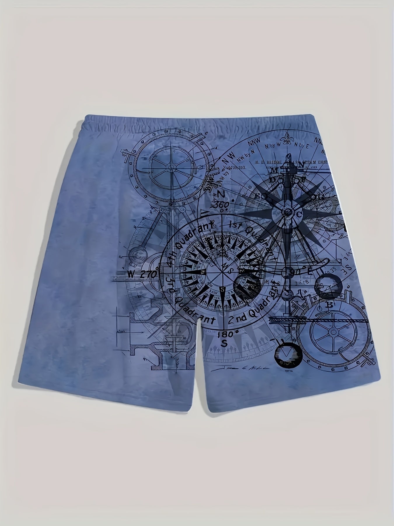 Men's Vintage Nautical Quick-Dry Shorts - Compass & Sailing Charts Design, Ideal for Summer Water Sports, Beach, and Surfing, Lightweight Polyester Fabric with Drawstring Waist