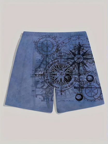 Men's Vintage Nautical Quick-Dry Shorts - Compass & Sailing Charts Design, Ideal for Summer Water Sports, Beach, and Surfing, Lightweight Polyester Fabric with Drawstring Waist