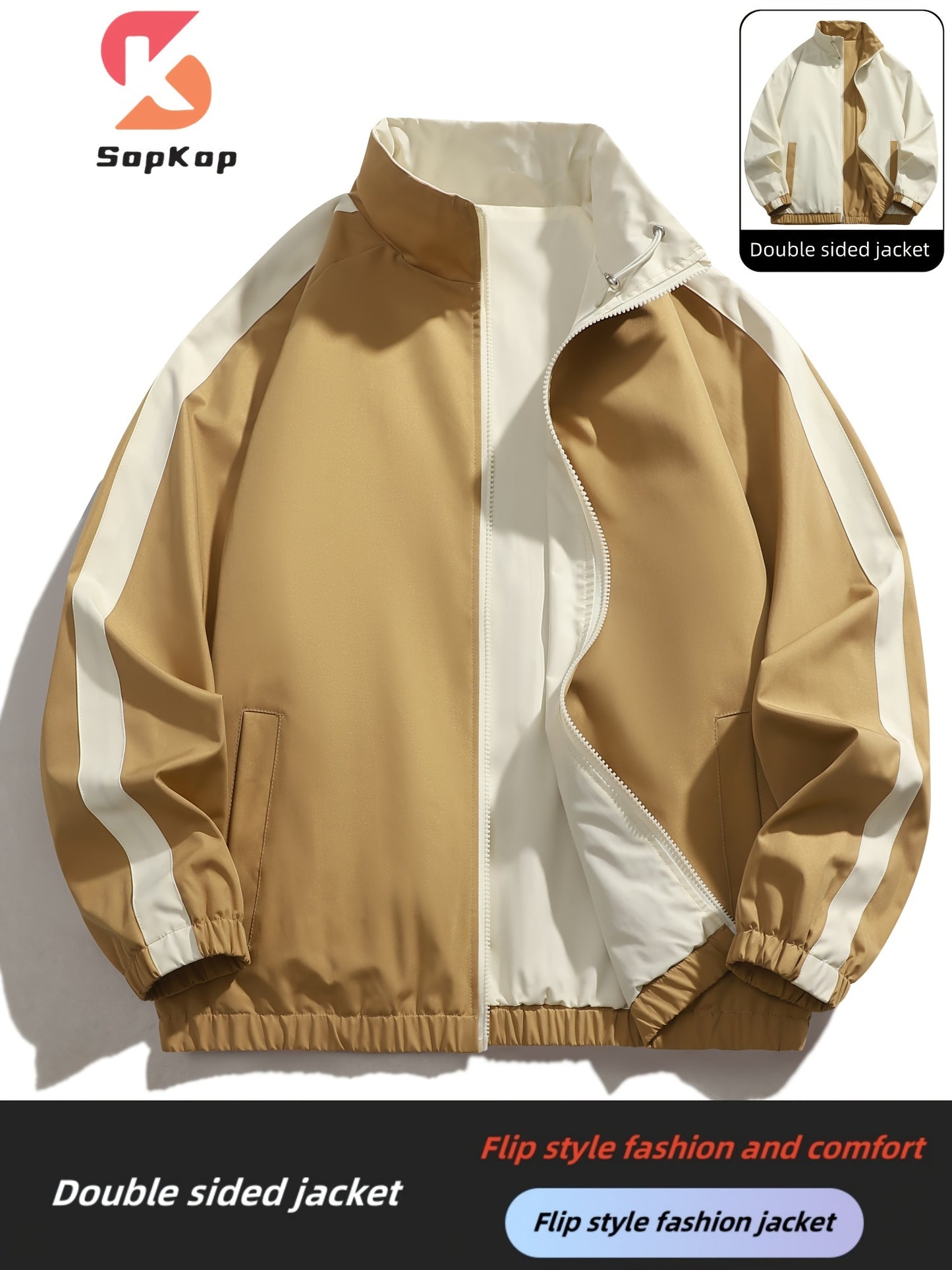 Veste réversible homme décontractée, Veste réversible homme décontractée avec poches, col montant zippée, manches longues pour extérieur