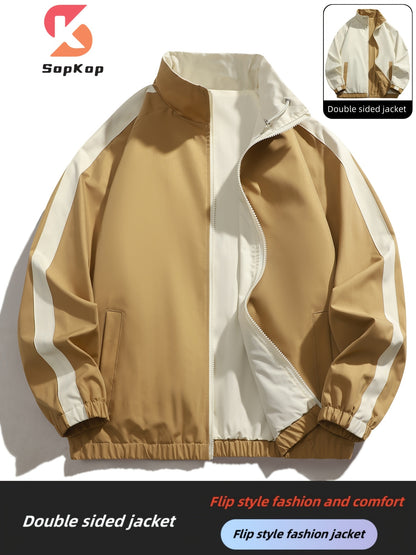 Veste réversible homme décontractée, Veste réversible homme décontractée avec poches, col montant zippée, manches longues pour extérieur