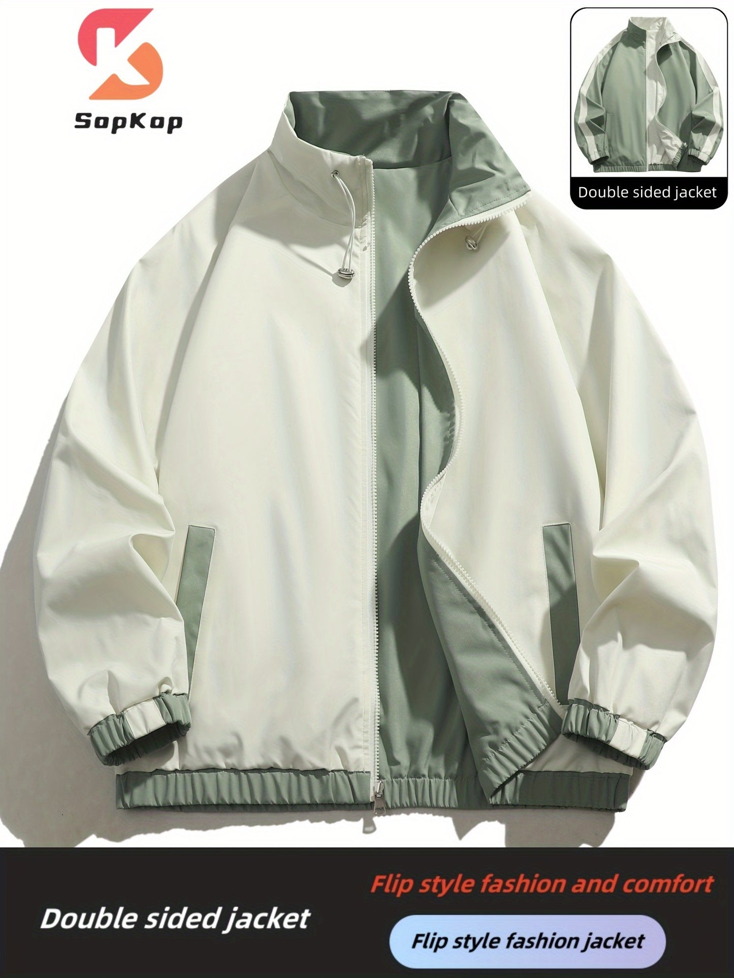 Veste réversible homme décontractée, Veste réversible homme décontractée avec poches, col montant zippée, manches longues pour extérieur