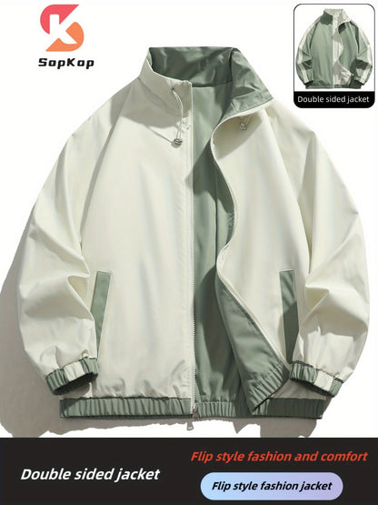 Veste réversible homme décontractée, Veste réversible homme décontractée avec poches, col montant zippée, manches longues pour extérieur