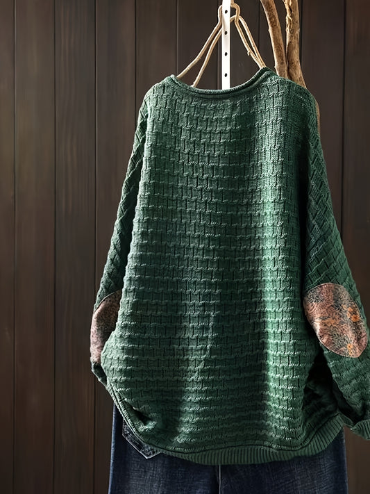 Vintage Patchwork Sweater Women's Fashion Lazy Style Loose Casual Pullover Long Sleeve Top