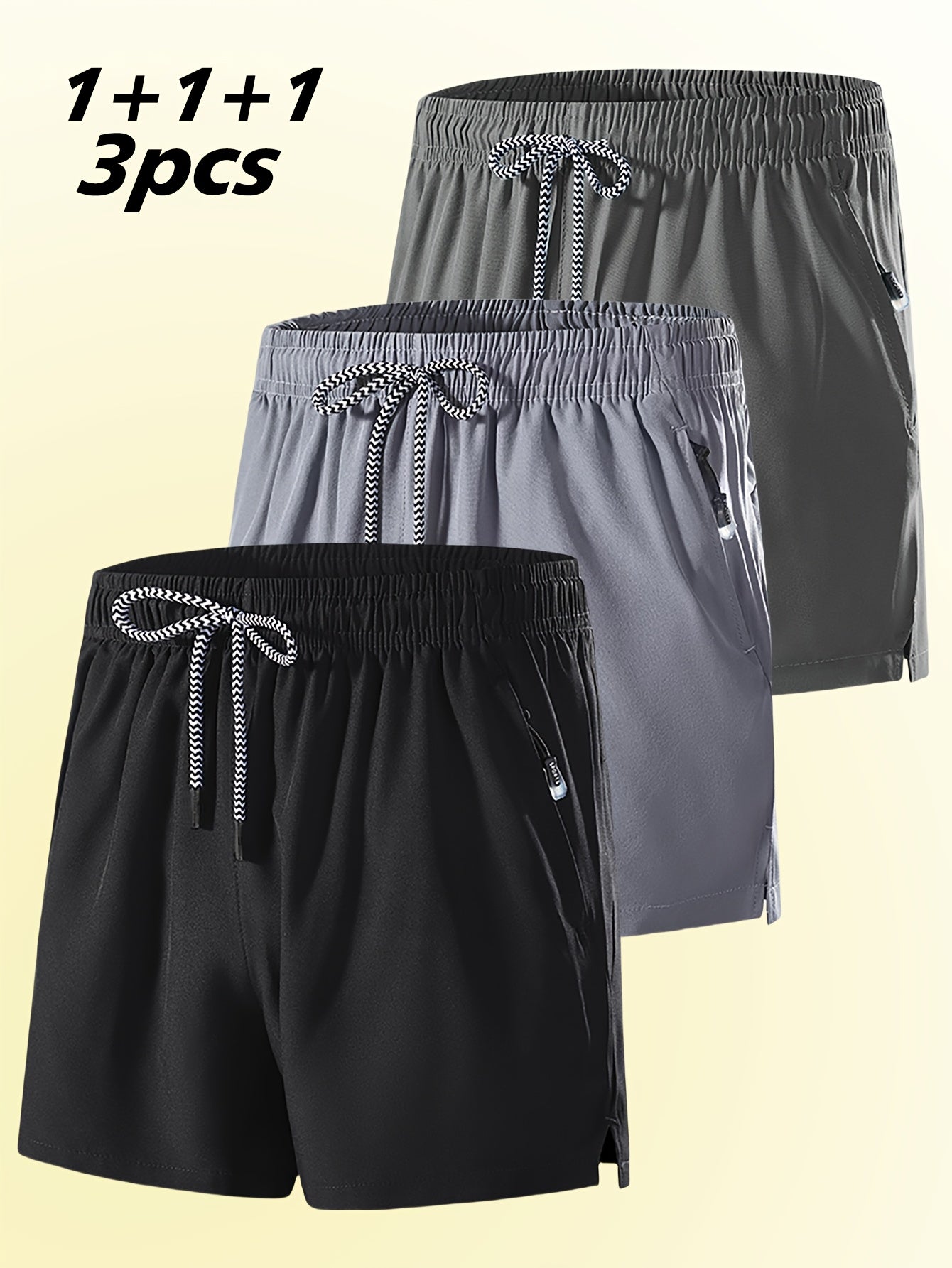3pcs Men's Casual Athletic Shorts - Breathable, Comfortable, Zippered Pockets, Elastic Waistband, Solid Colors (Blue, Gray, Black) for Fitness, Running & Casual Attire, Running Shorts | Minimalist Shorts | Smooth Texture
