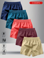 5pcs Men'S Summer Sports Shorts - Breathable, Lightweight, Moisture-Wicking Drawstring Waist, Solid Colors (Green, Red, Purple, Blue, Tan) for Casual, Outdoor, and Athletic Activitie
