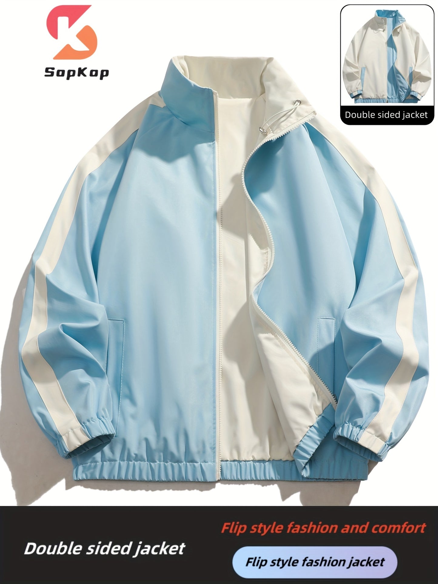 Veste réversible homme décontractée, Veste réversible homme décontractée avec poches, col montant zippée, manches longues pour extérieur