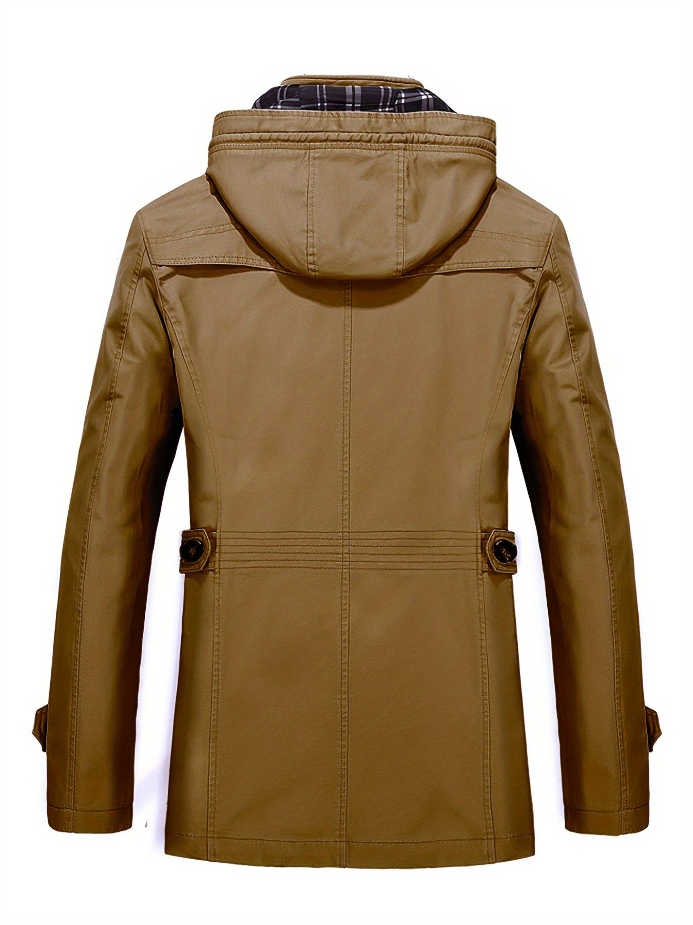1 veste de trench en coton pour homme, mi-longueur, à capuche, avec poches, couleur unie, coupe régulière, tissu tissé, non extensible pour loisirs en plein air au printemps\u002Fautomne
