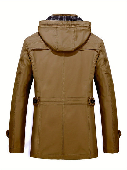 1 veste de trench en coton pour homme, mi-longueur, à capuche, avec poches, couleur unie, coupe régulière, tissu tissé, non extensible pour loisirs en plein air au printemps\u002Fautomne