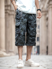 Men'S Outdoor Casual Cargo Shorts with Multiple Pockets, Knee-Length, Featuring an Elastic Waistband And Button Closure, Suitable for Outdoor Adventures, Fishing, Hiking, And Various Outdoor Activities.