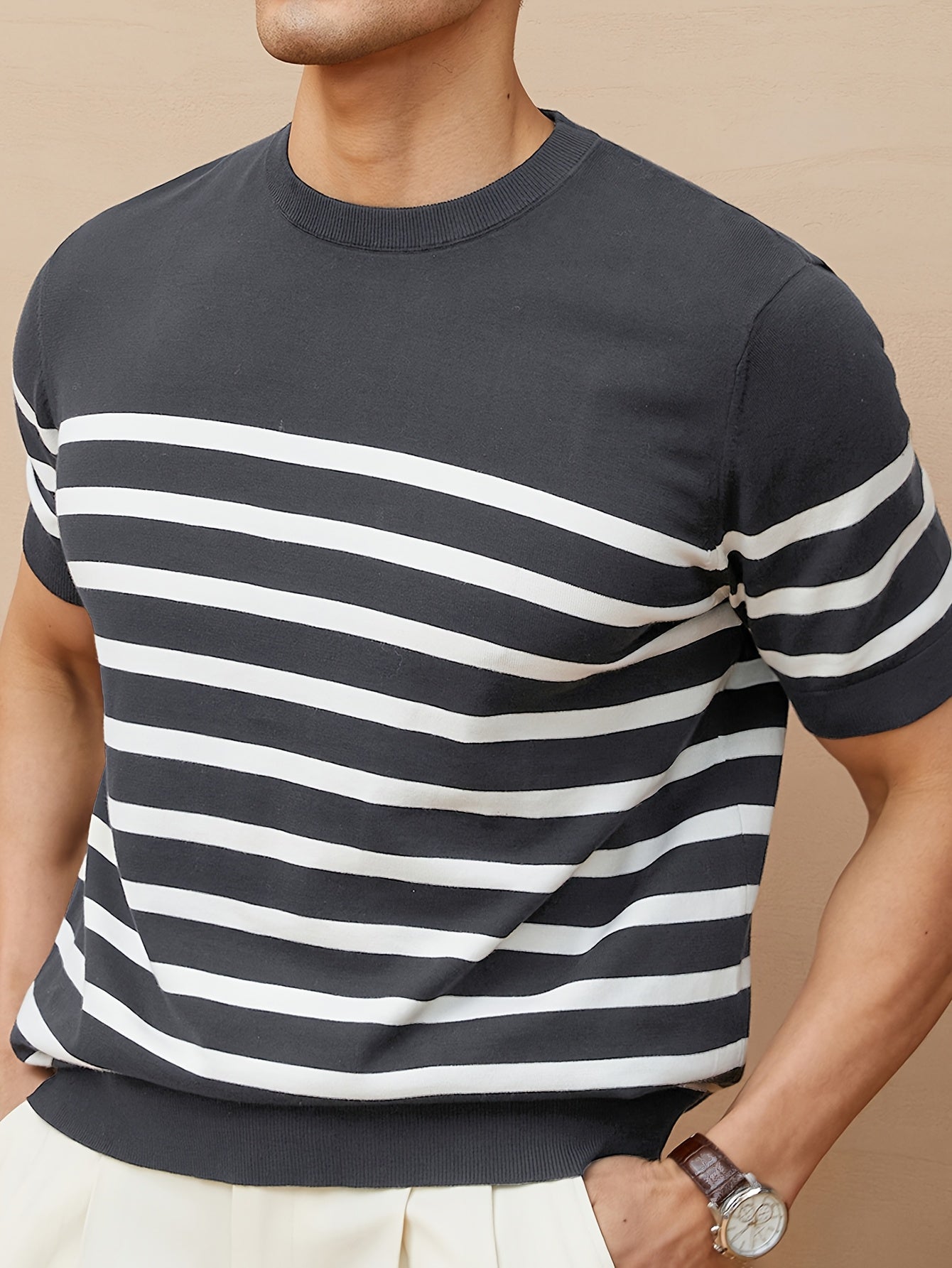 Pull Rétro à Rayures pour Homme - Noir et Blanc, Col Rond Coupe Standard, Confort Moyen Élasticité, Lavage à la Main Uniquement, Vêtement de Style Nautique, Texture Douce