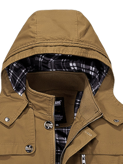 1 veste de trench en coton pour homme, mi-longueur, à capuche, avec poches, couleur unie, coupe régulière, tissu tissé, non extensible pour loisirs en plein air au printemps\u002Fautomne