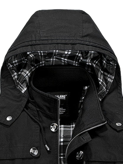 1 veste de trench en coton pour homme, mi-longueur, à capuche, avec poches, couleur unie, coupe régulière, tissu tissé, non extensible pour loisirs en plein air au printemps\u002Fautomne
