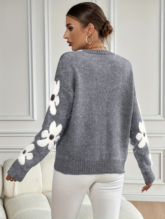 Floral Pattern Round Neck Sweater, Cute Drop Shoulder Long Sleeve Sweater For Fall & Winter, Women's Clothing