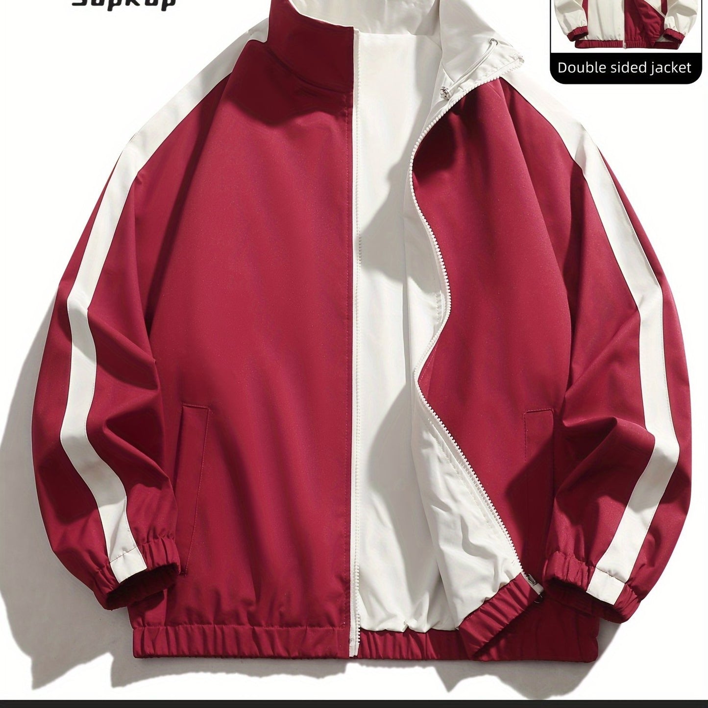 Veste réversible homme décontractée, Veste réversible homme décontractée avec poches, col montant zippée, manches longues pour extérieur