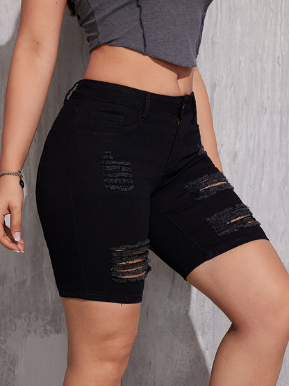 Ripped Holes Slimming Denim Shorts, Slash Pockets Stretchy Short Denim Pants, Women's Denim Jeans & Clothing
