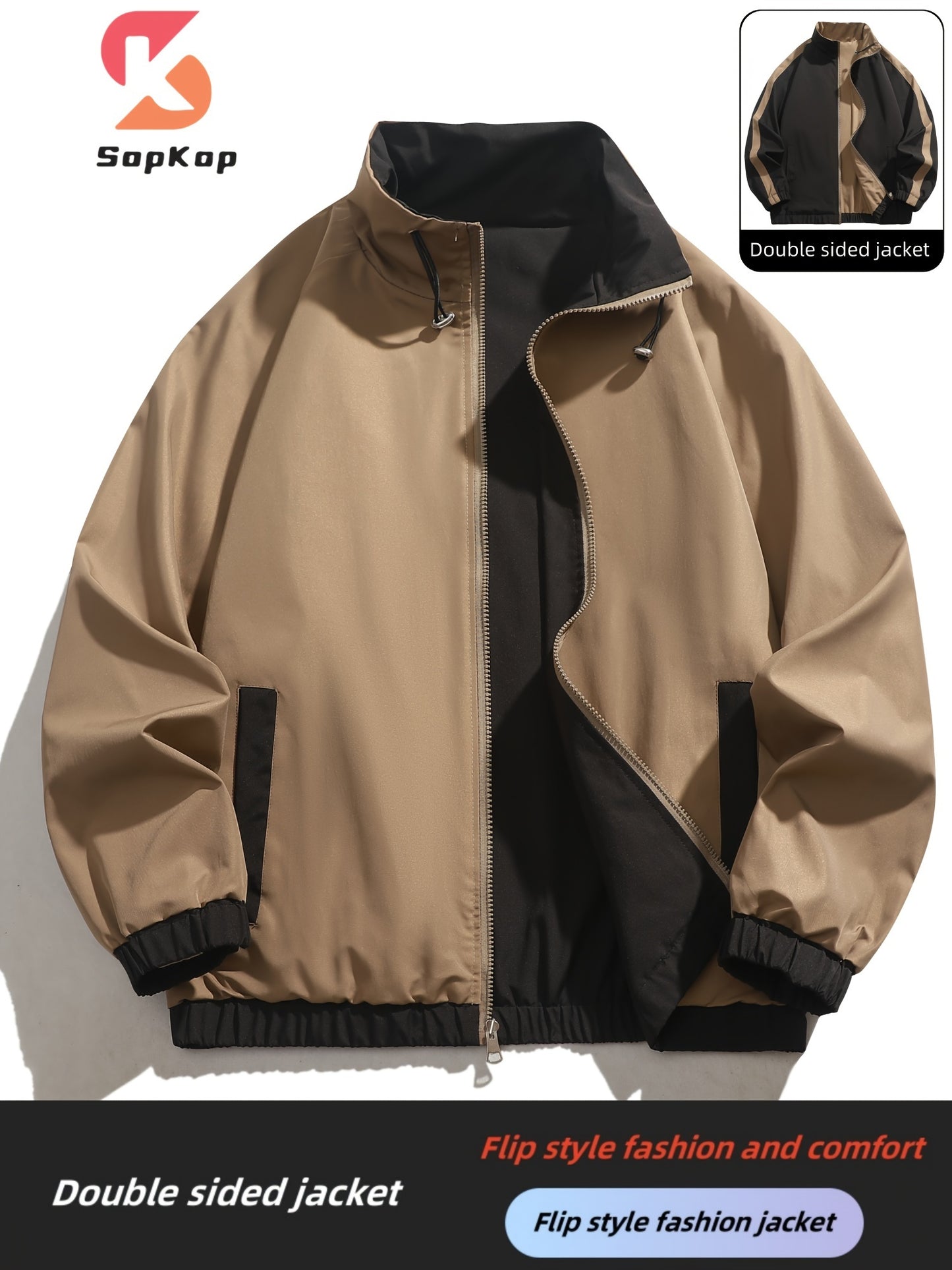Veste réversible homme décontractée, Veste réversible homme décontractée avec poches, col montant zippée, manches longues pour extérieur