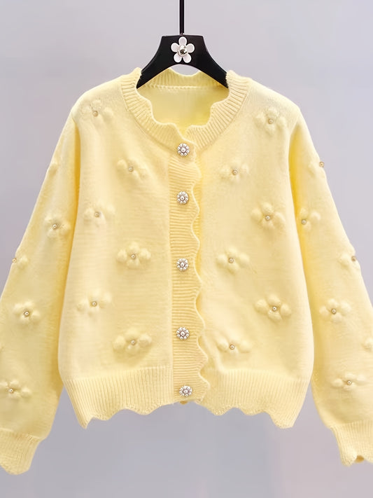 Women's Fashion Knit Cardigan, Round Neck, Embellished 3D Floral, Long Sleeve, Wavy Hem, Solid Color, Polyester, Regular Length, Button Detail, Elegant Style, Autumn\u002FWinter Season
