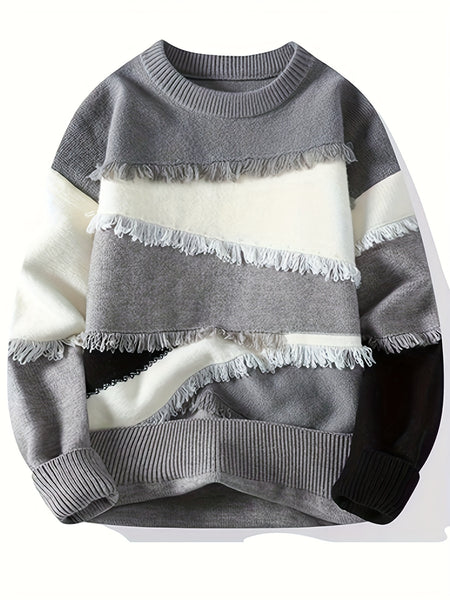 Pullover tricoté effiloché à blocs de couleurs pour hommes, pull décontracté à col rond à manches longues et haute élasticité pour l'automne et l'hiver