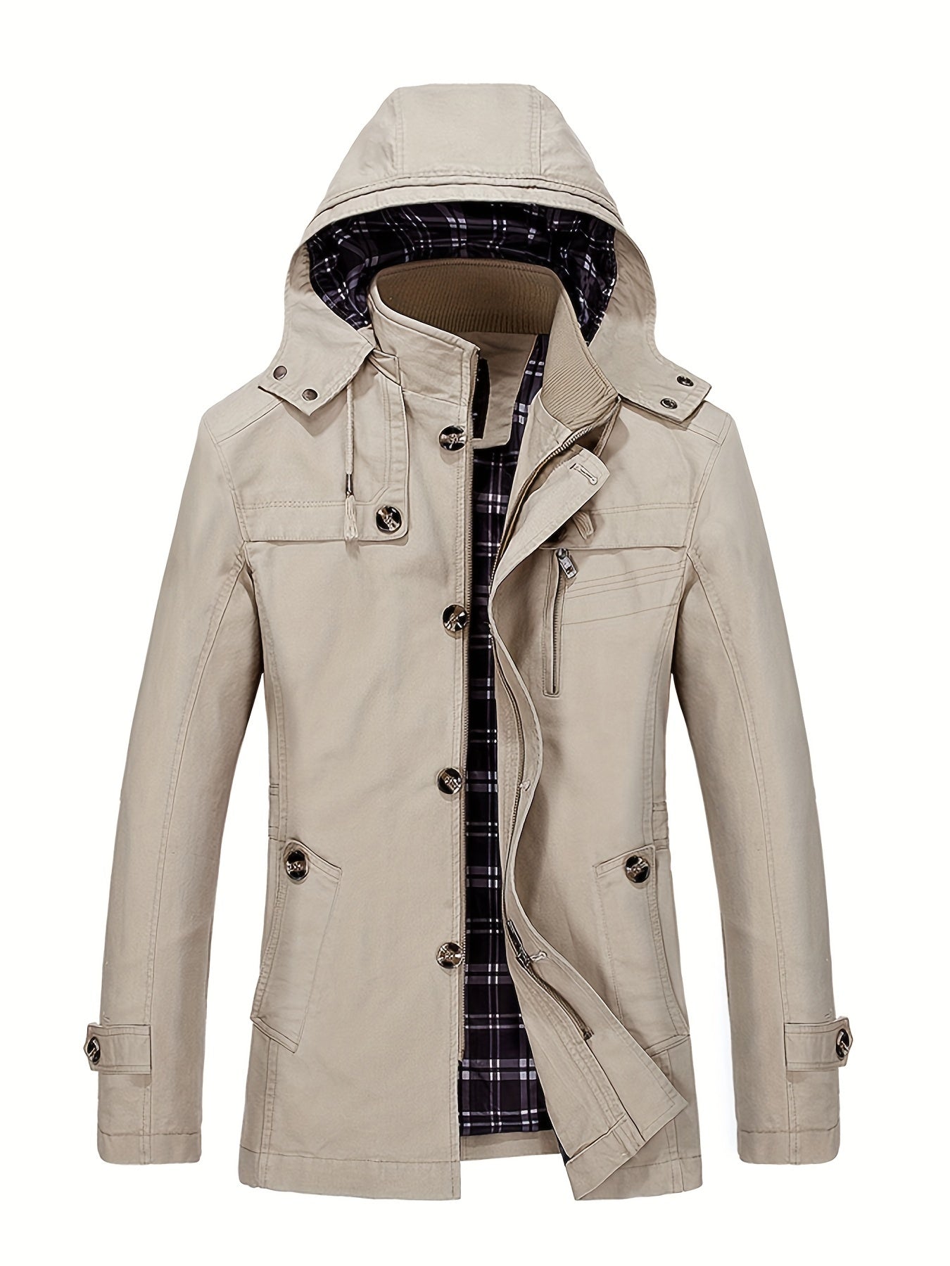 1 veste de trench en coton pour homme, mi-longueur, à capuche, avec poches, couleur unie, coupe régulière, tissu tissé, non extensible pour loisirs en plein air au printemps\u002Fautomne