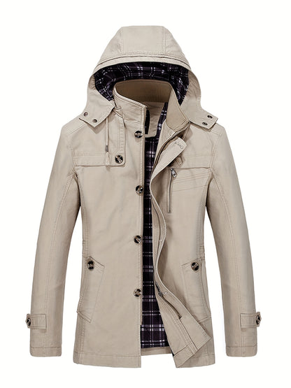 1 veste de trench en coton pour homme, mi-longueur, à capuche, avec poches, couleur unie, coupe régulière, tissu tissé, non extensible pour loisirs en plein air au printemps\u002Fautomne