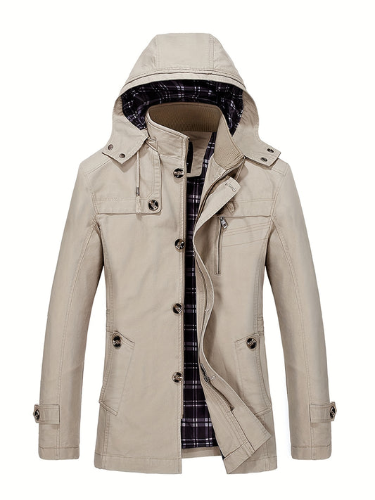 1 veste de trench en coton pour homme, mi-longueur, à capuche, avec poches, couleur unie, coupe régulière, tissu tissé, non extensible pour loisirs en plein air au printemps\u002Fautomne