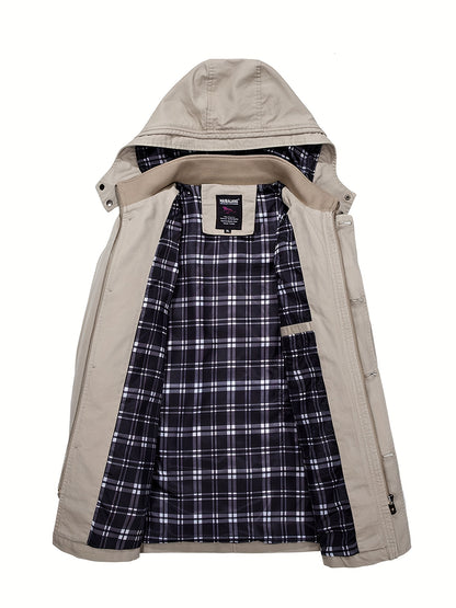 1 veste de trench en coton pour homme, mi-longueur, à capuche, avec poches, couleur unie, coupe régulière, tissu tissé, non extensible pour loisirs en plein air au printemps\u002Fautomne
