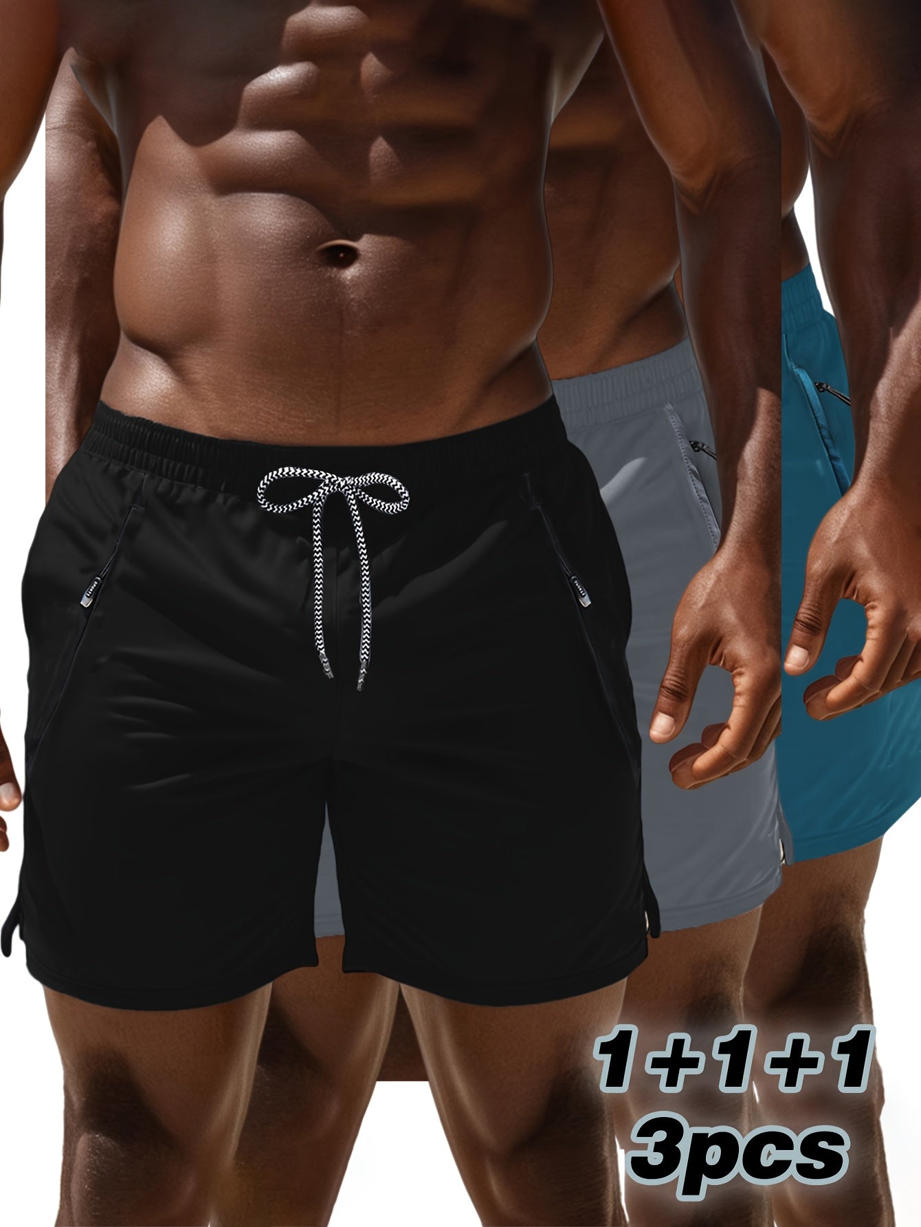 3pcs Men's Casual Athletic Shorts - Breathable, Comfortable, Zippered Pockets, Elastic Waistband, Solid Colors (Blue, Gray, Black) for Fitness, Running & Casual Attire, Running Shorts | Minimalist Shorts | Smooth Texture