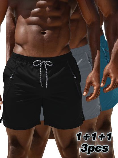 3pcs Men's Casual Athletic Shorts - Breathable, Comfortable, Zippered Pockets, Elastic Waistband, Solid Colors (Blue, Gray, Black) for Fitness, Running & Casual Attire, Running Shorts | Minimalist Shorts | Smooth Texture