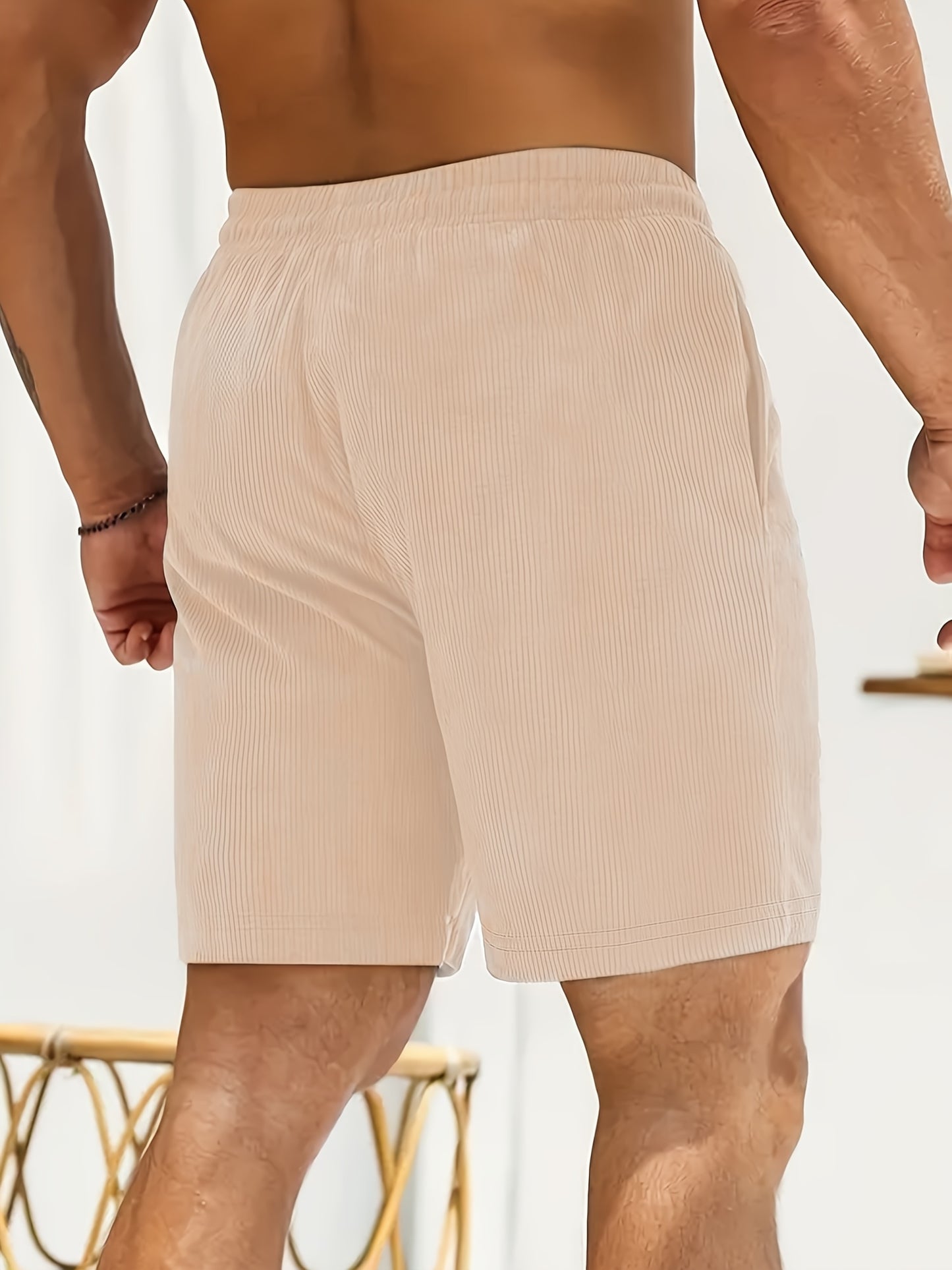 Men's Casual Corduroy Shorts - Solid Beige with Drawstring Waist, Comfortable Summer Wear for Outdoor & Leisure Activities, Outdoor Shorts | Drawstring Shorts | Relaxed Fit Shorts