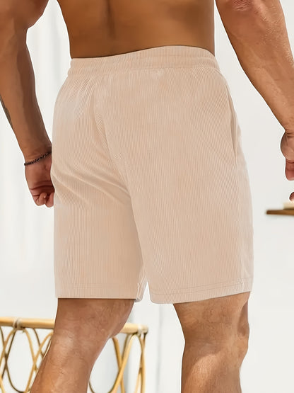 Men's Casual Corduroy Shorts - Solid Beige with Drawstring Waist, Comfortable Summer Wear for Outdoor & Leisure Activities, Outdoor Shorts | Drawstring Shorts | Relaxed Fit Shorts