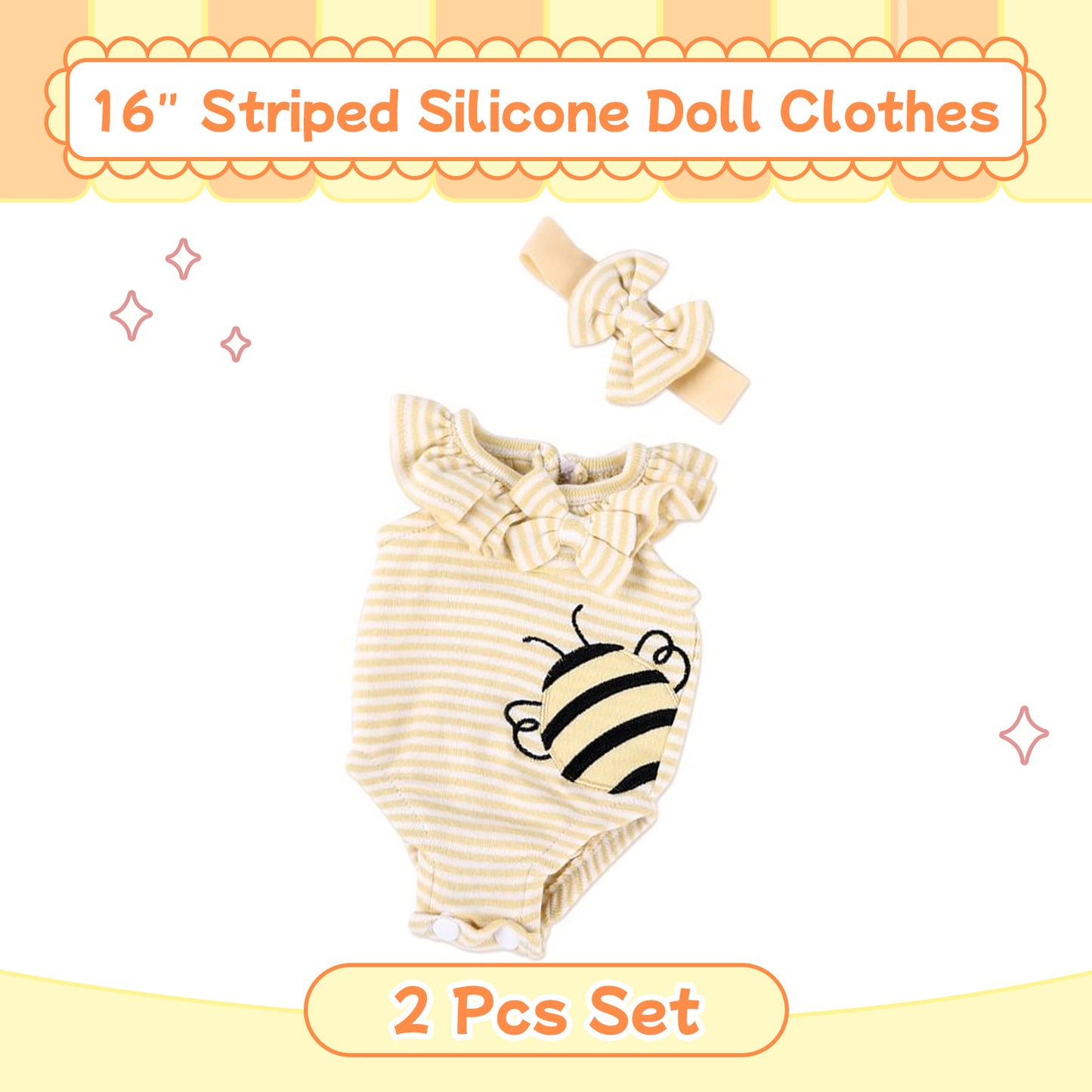For 16" Full Body Silicone Baby Doll Yellow Striped Clothing 2-Pieces Set Accessories