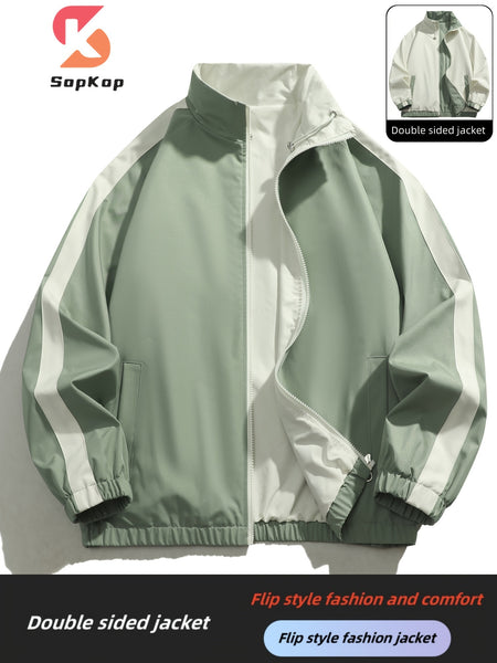 Veste réversible homme décontractée, Veste réversible homme décontractée avec poches, col montant zippée, manches longues pour extérieur