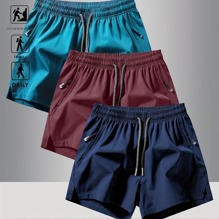 3pcs OBM Men's Moisture-Wicking Lightweight Athletic Shorts with Adjustable Drawstring Waist & Zipper Pocket - Breathable Quick-Dry Gym Running Training Shorts for Summer, Beach, Outdoor Activities (Teal, Burgundy, Navy)