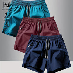 3pcs OBM Men's Moisture-Wicking Lightweight Athletic Shorts with Adjustable Drawstring Waist & Zipper Pocket - Breathable Quick-Dry Gym Running Training Shorts for Summer, Beach, Outdoor Activities (Teal, Burgundy, Navy)