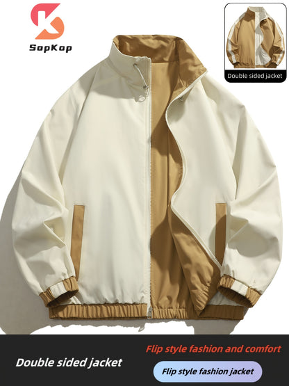 Veste réversible homme décontractée, Veste réversible homme décontractée avec poches, col montant zippée, manches longues pour extérieur