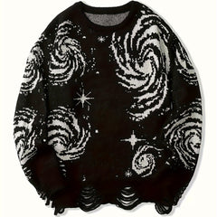 Pull-over Décontracté Homme Grande Taille Col Rond Tricoté Motif Ciel Étoilé à Ourlet Effet Détaché avec Franges, Univers en Stretch Chaud - PLUS SIZE