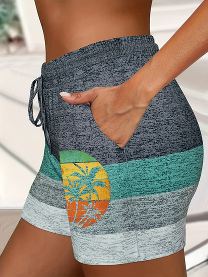 1pc Women's Drawstring Shorts, Casual Fashion Vacation Shorts with Sunset Palm Tree Print and Lettering, Polyester Knit Fabric with Pockets, Spring\u002FSummer\u002FAutumn Collection