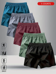 5pcs Men'S Summer Sports Shorts - Breathable, Lightweight, Moisture-Wicking Drawstring Waist, Solid Colors (Green, Red, Purple, Blue, Tan) for Casual, Outdoor, and Athletic Activitie